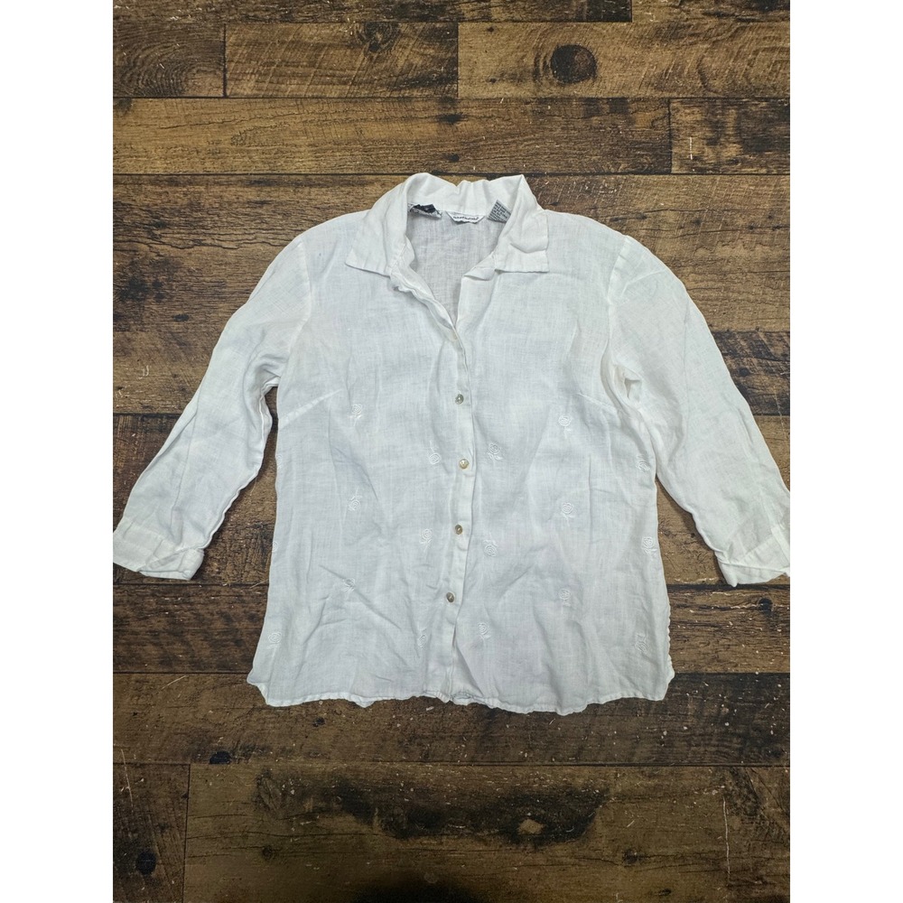 Richard Malcolm White 100% Irish Linen Embroidered Rose Button Up Shirt Womens M